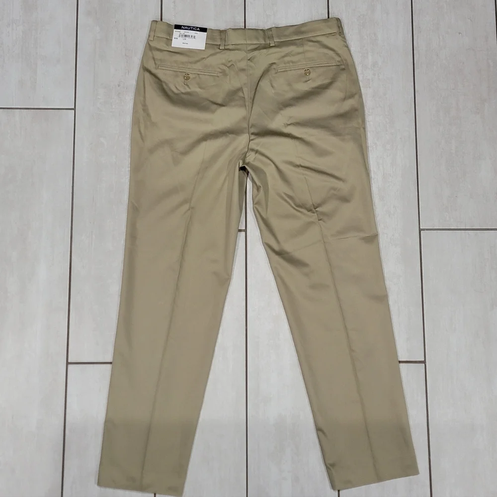 NAUTICA Men's Modern-Fit Ceylon Linen Solid Tan Khaki Dress Pants